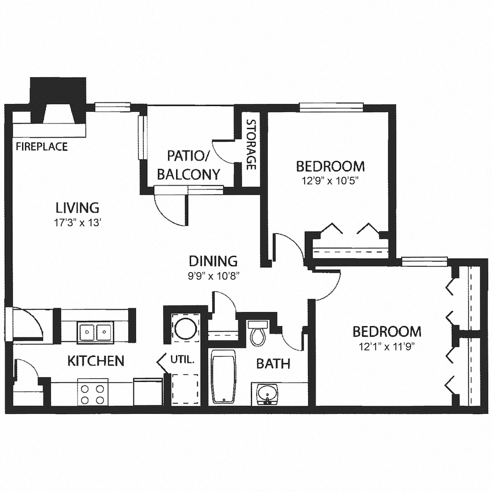 Floor plan for 2 beds, 1 bath, 893 sqft